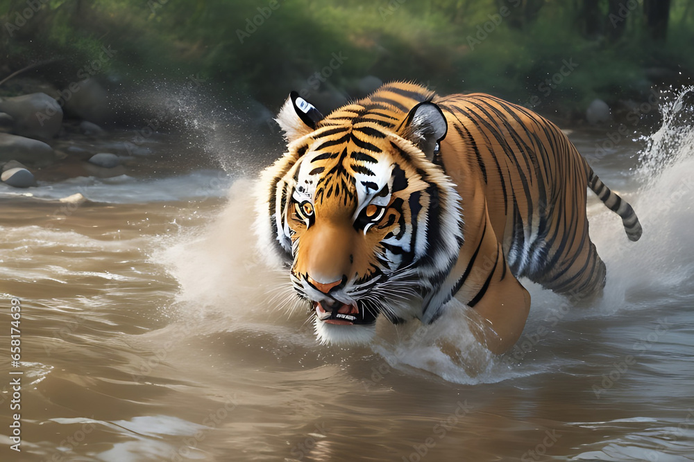 A Tiger running on the river in aggressive mode