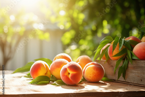 Fresh peaches on white wooden table on warm autumn day. Harvesting ripe fruits in an peach orchard. Growing own fruits and vegetables. Gardening and lifestyle of self-sufficiency.