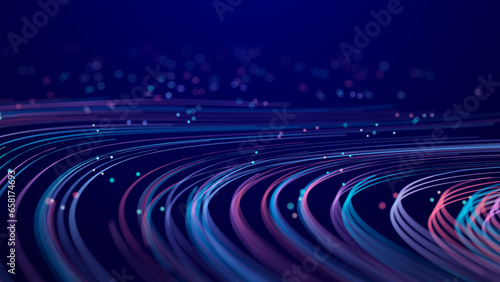 Abstract glitter particles in dark space. Network data transfer concept. 3D rendering.