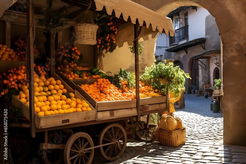 Fototapeta Naklejka Na Ścianę i Meble -  Oranges stacked on a stall in a marketplace.