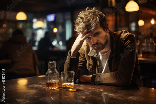 Sad depressed man spending time in whiskey bar. Handsome young man drinking alcoholic beverages in a pub. photo