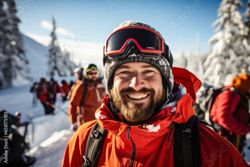 Winter getaway, close up portrait of a young man skiing in with friends