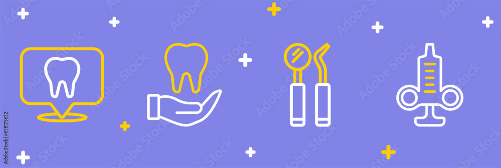 Set line Syringe, Dental mirror and probe, Tooth and clinic location icon. Vector Set line Syringe, Dental mirror and probe, Tooth and clinic location icon. Vector