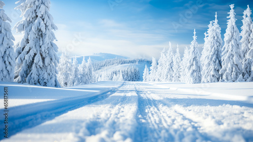 Ski season: a trail among snowy pines in winter
