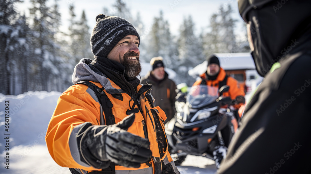 Snowmobile instructors expertly guide beginners, showcasing a learning experience in action
