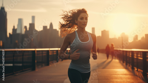 Young woman in sportswear jogging on beach. Female jogger runner running outdoors. Active lifestyle concept. photo