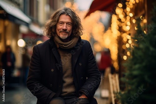 Portrait of a handsome middle-aged man with long wavy hair, wearing a coat and scarf, sitting on a street in the city at Christmas time. photo