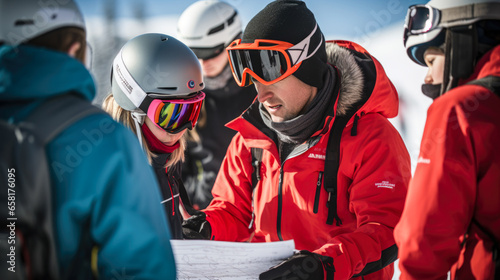 Ski instructor guides young beginners in winter season