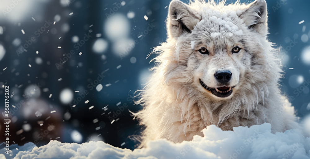 Wolf's face in snow-covered landscape, alert eyes staring into the distance. Snowy blurred backdrop