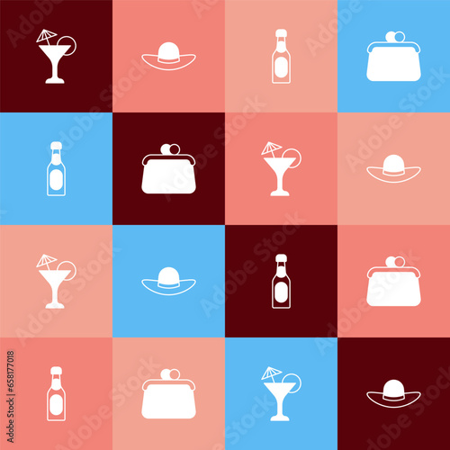 Set pop art Martini glass, Elegant women hat, Champagne bottle and Handbag icon. Vector