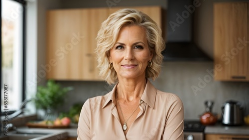 Confident stylish mature mid aged short blonde woman standing at her modern home kitchen. Generative AI.