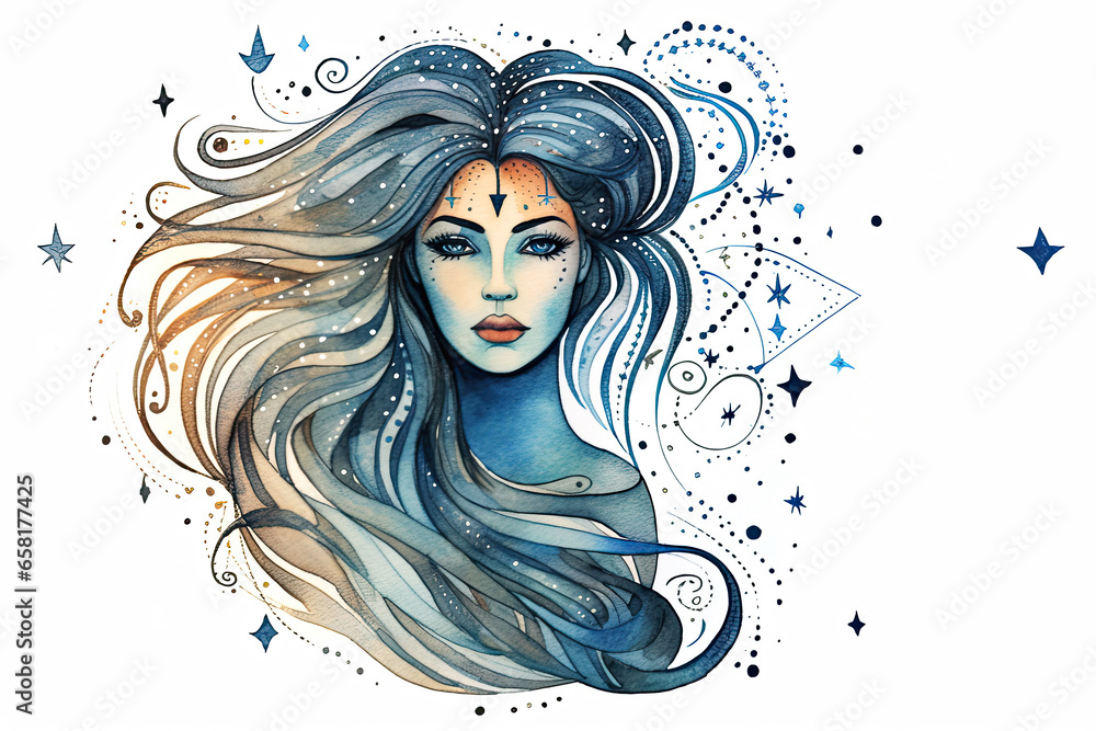 The zodiac sign of Virgo. Watercolor woman portrait - obrazy, fototapety, plakaty 