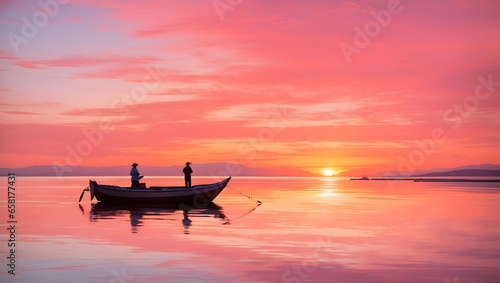 A Vibrant Landscape of a Lake, a Boat and fishermen in Silhouette during the Sunset golden hours with the surroundings colored in the blended hues of Orange and pink.