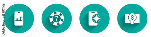 Set Online sports betting, Casino chips, and Stacks paper money cash icon with long shadow. Vector