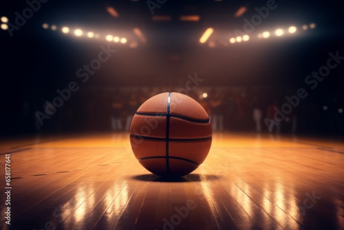 Dark Basketball Court with Illuminated Basketball © ParinApril