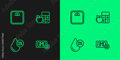 Set line No GMO, Water balance, Bathroom scales and Calorie calculator icon. Vector