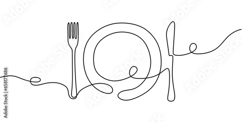 Line fork, knife and plate. Continuous one line drawing cutlery, cooking utensils. One line minimalist art for logo, banners for restaurant. White background. 