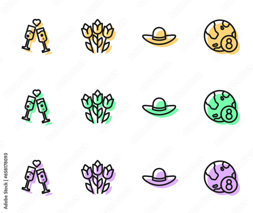 Set line Elegant women hat, Glass of champagne, Flower tulip and International Women Day icon. Vector Set line Elegant women hat, Glass of champagne, Flower tulip and International Women Day icon. Vector