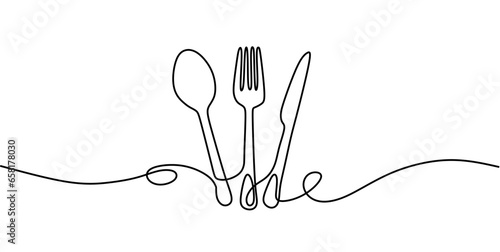 Continuous one line drawing.Forks, spoons, knife plates and all eating and cooking utensils. Single line minimalist art. Editable stroke. Vector illustration