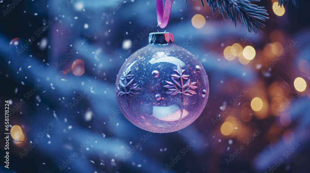 Fototapeta premium Close-up of a Christmas ball hanging from a branch against a bokeh background, decorated Christmas tree, perfect for festive events and marketing materials