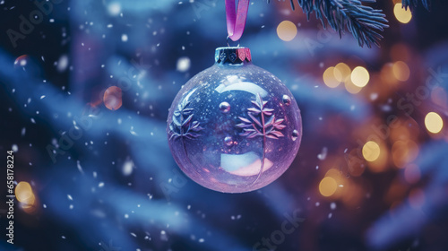 Close-up of a Christmas ball hanging from a branch against a bokeh background, decorated Christmas tree, perfect for festive events and marketing materials