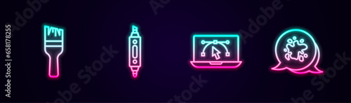 Set line Paint brush, Marker pen, Computer with design program and spray. Glowing neon icon. Vector