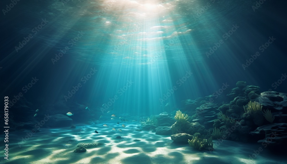 Serene Underwater Scene with Sunlight Shining on Ocean Beach