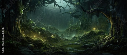 Game background depicting realistic fantasy forest scenery