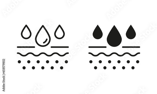 Skin Layer Absorb Water Drop Line and Silhouette Black Icon Set. Moisture Skin Pictogram. Anti Dry Skincare, Moisturizing Face and Body Skin Symbol Collection. Isolated Vector Illustration
