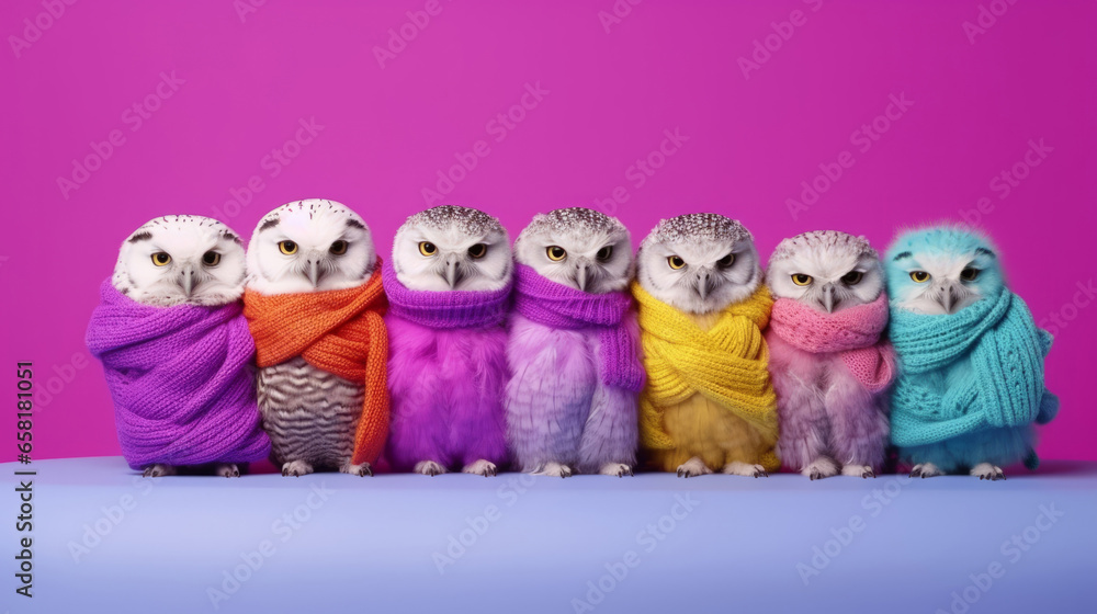 Owls wearing human clothes. Abstract art background copyspace concept.