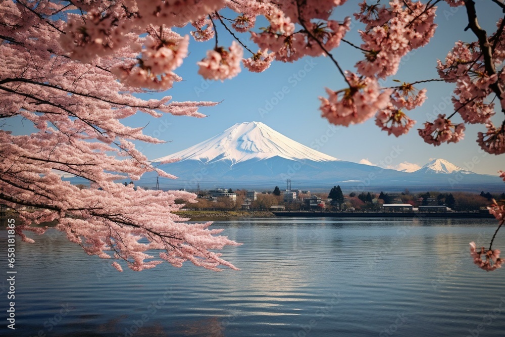 Springtime view of Mount Fuji in Tokyo. Generative AI