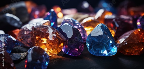 Sparkling gemstones on a dark background. Generative AI