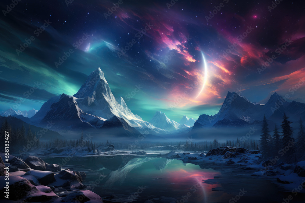 Aurora Borealis Magic Amidst Snowy Majesty Aurora Borealis Magic Amidst Snowy Majesty