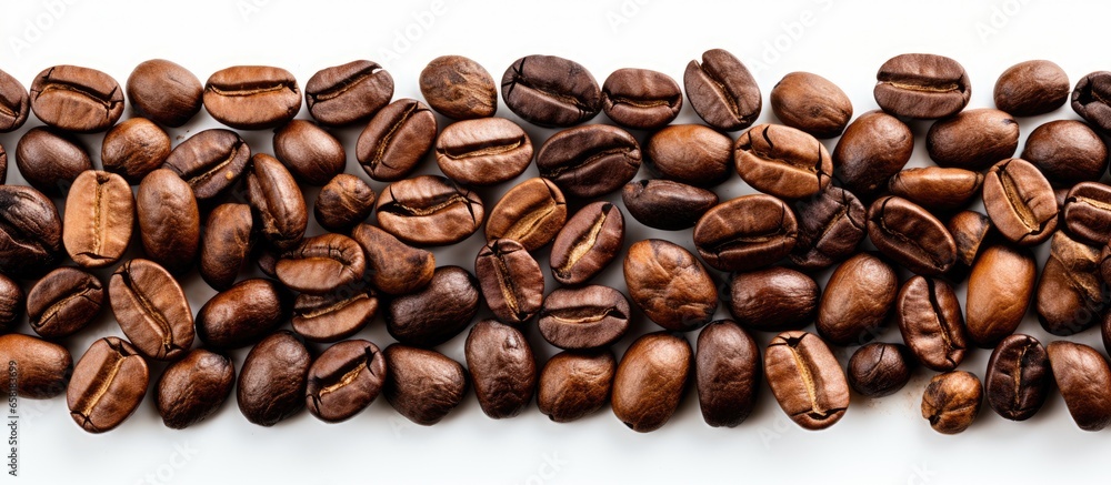 Obraz premium Coffee beans texture on white background with space for text macro