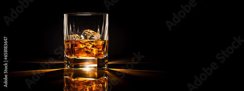 a glass of scotch whisky with back lighting. tumbler of whiskey / brandy and ice backlit scotch on the rocks