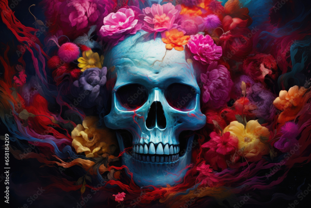 Ethereal Skull with Vibrant Blooms and Serpent Ethereal Skull with Vibrant Blooms and Serpent