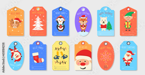 Christmas labels - decorations on a snowy winter background. Can be used as name tags for gifts.
