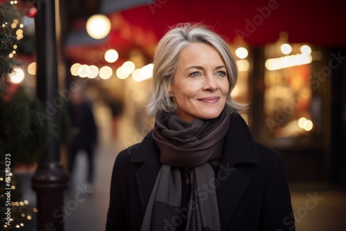 Portrait of smiling mature woman in coat and scarf at Christmas market