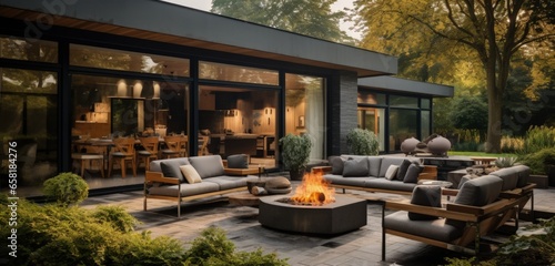 Mid-century modern patio with a fire. Generative AI