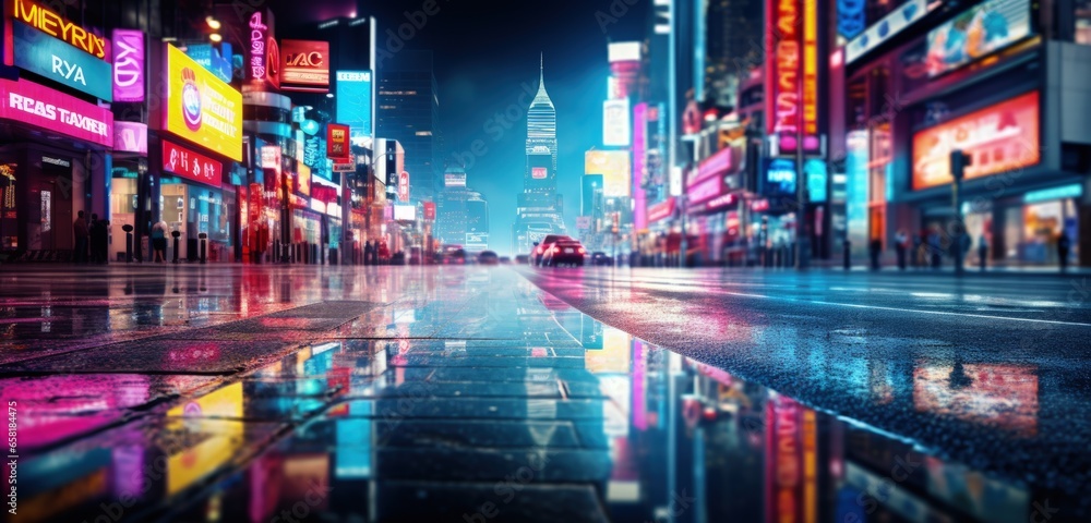 Soft focus neon signs in a cityscape background. Generative AI