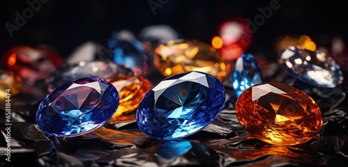 Sparkling gemstones on a dark background. Generative AI