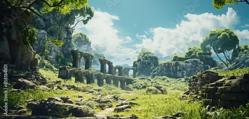 Ancient ruins in a lush landscape background. Generative AI