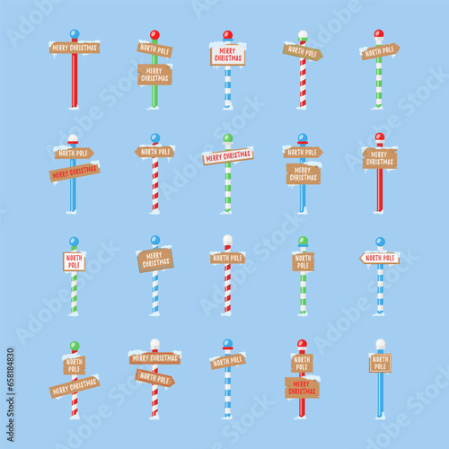 Christmas wooden sigh board set, vector x-mas North Pole road pointer, Santa Claus workshop arrow. New Year holiday game frame kit, snow drift, winter decoration titles. Christmas sign banners, icicle