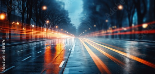 Bokeh light trails from moving cars background. Generative AI