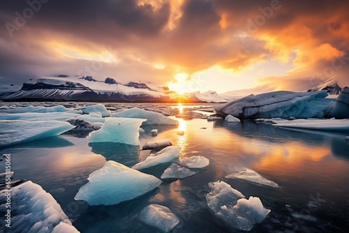 A stunning glacier lagoon and beach in Iceland's Vatnajokull National Park. Generative AI photo