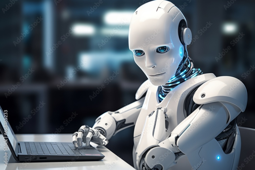 Blue Smiling Computer Robot Working in a Modern Workspace with Laptop Blue Smiling Computer Robot Working in a Modern Workspace with Laptop