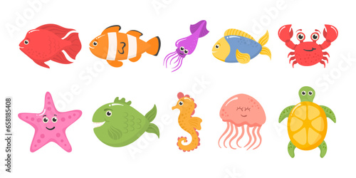 Cute underwater animals, fish, seahorse, jellyfish and octopus. Vector cartoon set of aquarium characters, funny marine creatures, puffer fish isolated on black background

