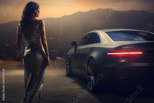 Chic Lady by Contemporary Car in Evening Light © Andrii 