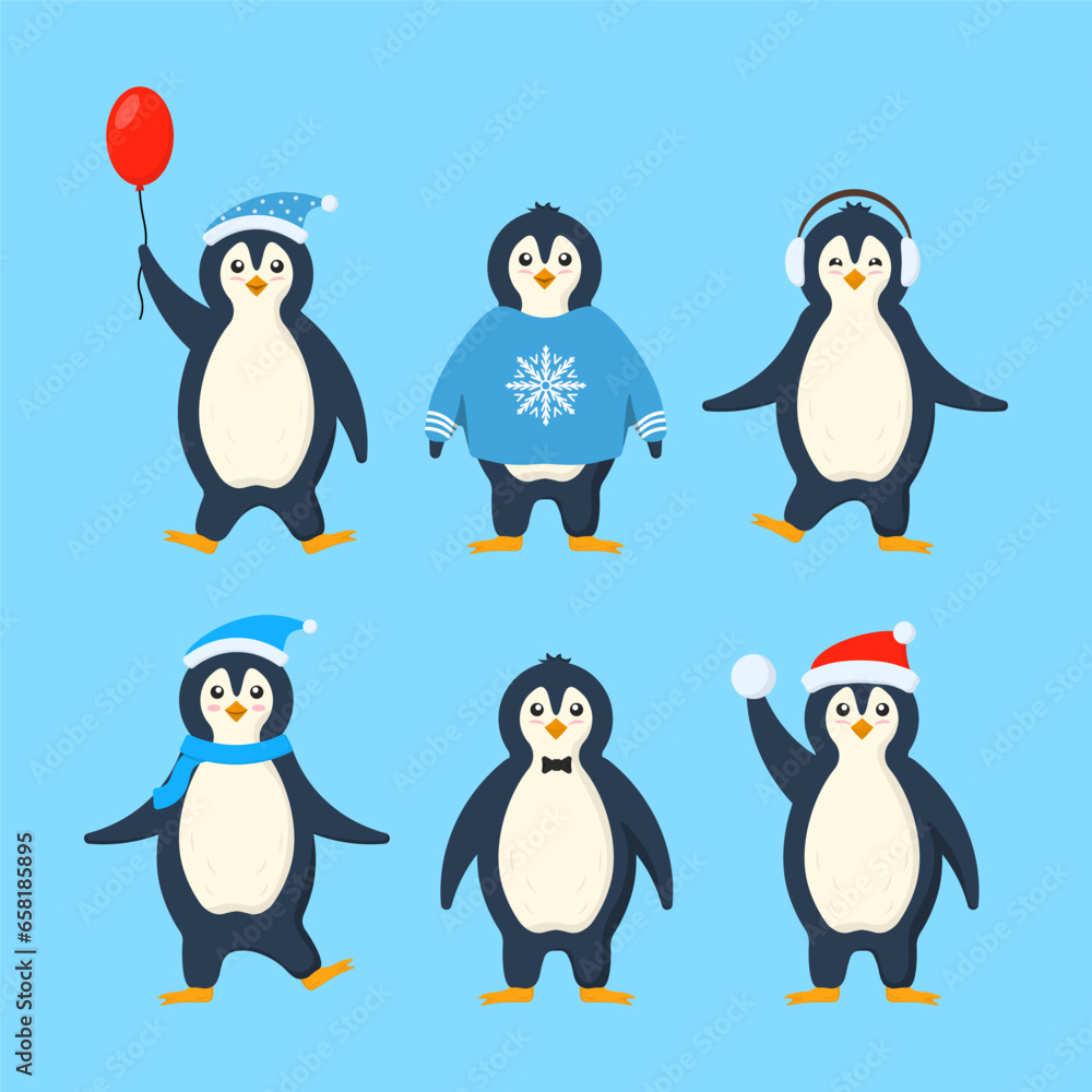 Obraz premium Penguins in warm clothes in flat design. Cute little penguin cartoon characters set for label design. Cold winter symbol. Antarctic bird, animal in different poses set. Vector illustration.