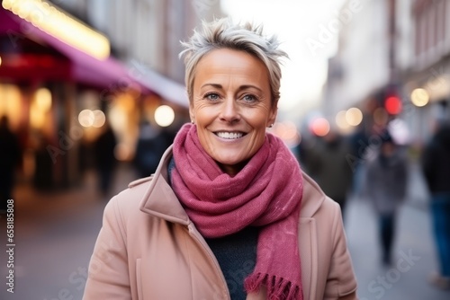 Portrait of a smiling middle-aged woman in the city.